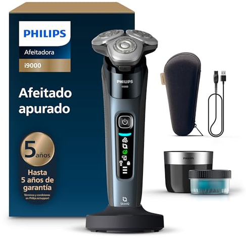 Philips Rasierer i9000, Elektrischer Nass-und Trockenrasierer für Herren mit integriertem Trimmer, taubenblau, Reinigungsstaion, Ladestation und Reiseetui (Modell X9001/30)