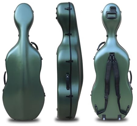 Yinfente Custodia per violoncello in fibra di carbonio 4/4, manico integrato, ruota, cinturino posteriore, portatile, custodia rigida leggera e impermeabile (verde nerastro)