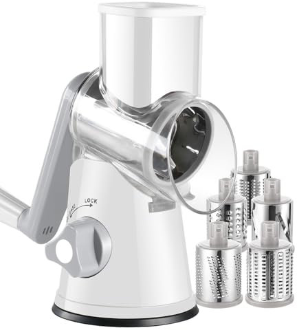 Ancevsk Rotary Cheese Grater with Handle, Manual Speed Round Cheese Shredder with Strong Suction Base, Easy to Use Potato Hashbrown Shredder with 5 Replaceable Stainless Steel Drum Blades (White)