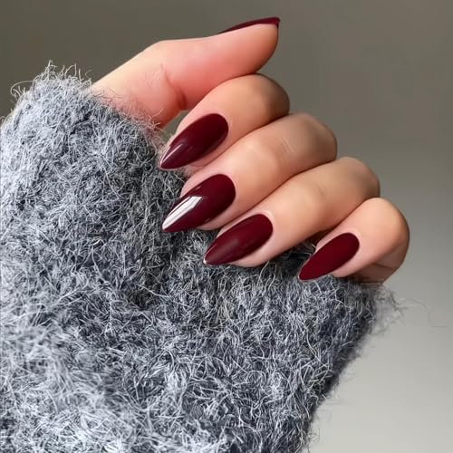 SXVME 48 Pcs Burgundy Red Press on Nails Almond Medium Acrylic False Nails Medium Stiletto Natural Fake Nail Set Elegant Solid Color Full Cover Glossy Gel Stick on Nails for Women Daily Wear