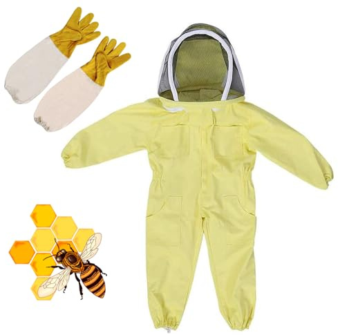 ChangTsing Imkeranzug Kinder, Bienenzucht mit Handschuhen für Kinder – Baumwolle mit Langen Ärmeln, Imkerbedarf Schutz für Kinder(Gelb, M)