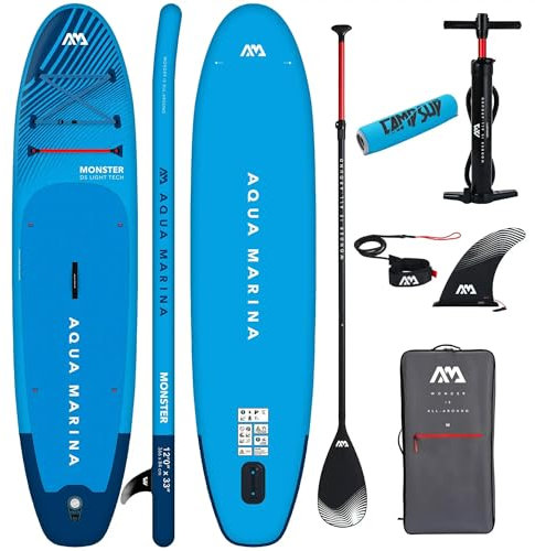 CampSup Aqua Marina Monster 12'0 – Aufblasbares SUP Board Allround für Anfänger mit Paddle Floater – Stand Up Paddle Board Komplettset – Limited Edition Blau