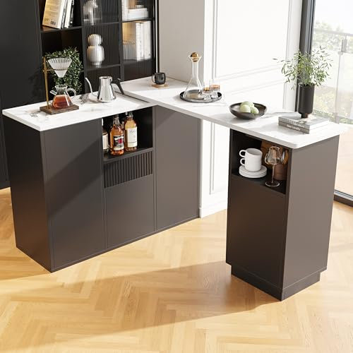 FAYICIC Mesa de bar giratoria 360° (cuerpo principal 198,5 x 30 x 75 cm), con espacio de almacenamiento abierto y encimera de mármol, isla de almacenamiento multifuncional (negro)