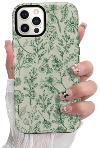 SOKAD Magnetic Sage Floral Phone Case for iPhone 12 Pro Max, Vintage Green Flower Pattern Compatible with Magsafe Matte Protective Case Cover with Screen Protector for Girls Women