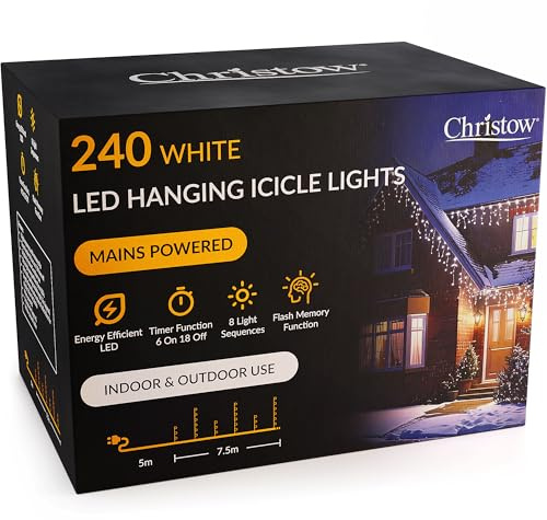 CHRISTOW Hanging Icicle Christmas Lights, White, 240 LEDs | 5mm LEDs, 30/60cm Drops, 8 Modes, Memory, 6-Hour Timer, Mains Powered, 5m Cable, Indoor/Outdoor Use, 7.5m Lit Length