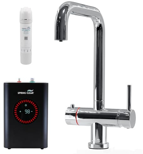 Spring Clear Atlantic 3-in-1 Instant Boiling Water Hot Tap Kit | Chrome D Shaped Kitchen Sink Tap, 2.4 Litre Digital Display Boiler Unit and Scale Filter