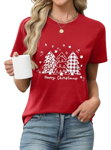 heekpek Tee Shirt Noel Femme Col Rond T-Shirts à Manches Courtes Coton Tshirt de Noel Haut Décontracté Drole T Shirt avec Impression