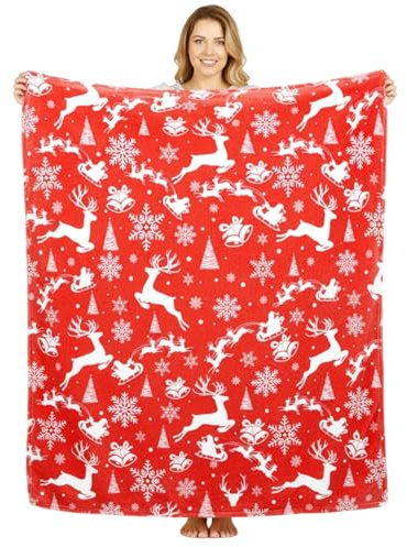 Joyesplay Weihnachtsdecke Decke Flauschige Überwürfe für Sofa, Bett, Couch (130 x 150 cm),Kuscheldecke Weihnachten und Überwürfe Plüsch Winter Gemütliche Feiertage Elch Schneeflocke (Rot 2)