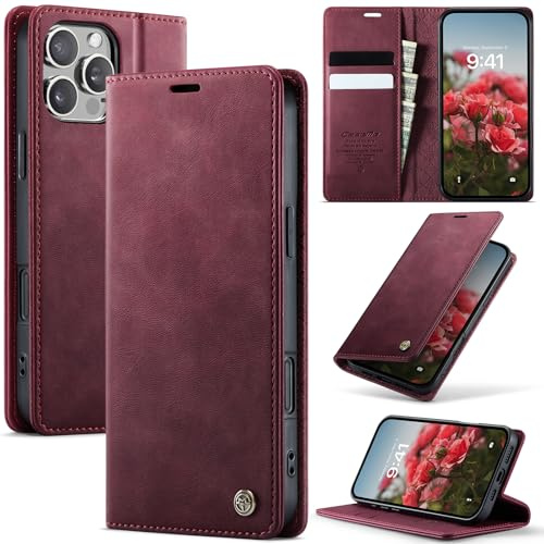Cracedily Wallet Case for iPhone 16 Pro Max Leather Wallet Flip Cover with Card Holder, Kickstand, Magnetic Closure, RFID Blocking TPU Shockproof Phone Case Compatible with iPhone 16 Pro Max, Red