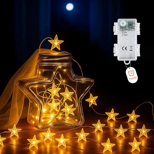 Afaiup Battery Star Fairy Lights, 2M Micro 20Leds Battery Powered String Lights, IP65 Timer Silver Wire Fairy Lights for Christmas Tree Birthday Valentine Party Bedroom Indoor&Outdoor (Warm White)