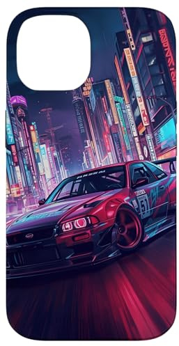 Oldtimer JDM Legend Drift-Rennwagen Tokyo Skyline bei Nacht Hülle für iPhone 14