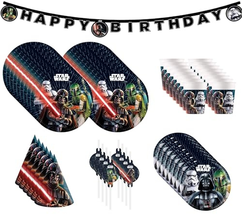 Procos Star Wars Galaxy Partyset 55-tlg. für 16 Kinder FSC® | 16 Teller 23cm, 8 Teller 20cm, 16 Becher, 6 Partyhüte, 8 Trinkhalme, 1 Partykette