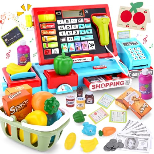 JOTOL Jouet Caisse Enregistreuse pour Enfants,Caisse Enregistreuse Jouet,Caisse Enregistreuse Enfants,Accessoires avec Scanner Son et Lumière,Jouets Alimentaires,Jeu de Rôle pour Enfant de 3+Ans