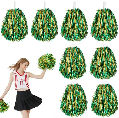 Pompoms Cheerleading, 8 Stück Cheerleader Pompons Metallfolie Pom Poms Cheerleading mit 2 Arten Griff Gold und Grün Professionelle Puschel Cheerleader Ausrüstung für Tänze Ballspiele Auftritte