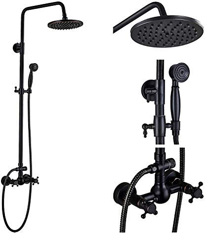 GGStudy Ölgeriebenes Bronze-Regenduschsystem, 2 Knöpfe, Mischung, 20,3 cm, runder Regenduschkopf mit Handbrause für Badezimmer, Duscharmatur