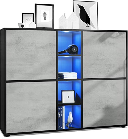 Vladon Highboard Cuba V3, Made in Germany, Schwarz matt/Beton Oxid Optik inkl. LED - Moderne Anrichte mit 12 Fächern (130,5 x 105,5 x 35,5 cm)
