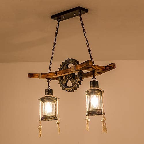 FUMIMID Antik Holz Pendelleuchte Vintage Hängeleuchte E27 Esstisch Esszimmer Lampe Industrial Metal Hängelampe Retro Rustikale Landhaus Pendellampe Schlafzimmer Wohnzimmer Kronleuchter 2 Flammige