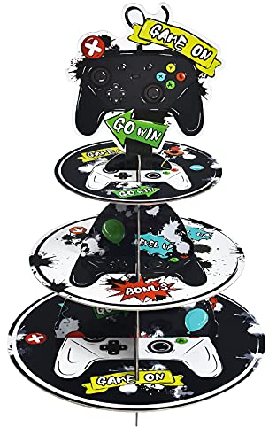 WERNNSAI Video Game Cupcake Stand - Gamer Birthday Party Decorations for Kids Boys 3-Tier Cardboard Cupcake Stand Holder Round Serving Tray Stand Dessert Tower Gaming Party Cake Decors Party Supplies
