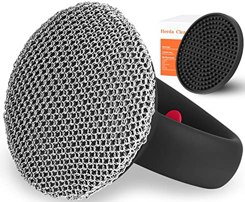 Cast Iron Cleaner Scrubber+Tray with Handle, Welded Chainmail Scrubber for Pan Pot Grill Oven Wok Cleaning- Small Ring Chain Scrub Metal Scraper Brush Iron Skillet Steel Wool Scrubber Steel Sponge