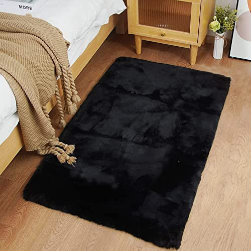 Ghouse Kurzflor Wohnzimmer Teppich Schlafzimmer Matte Moderner Home Flauschig Weich Teppiche für Kinderzimmer Anti-Rutsch Unterseite Waschbarer Teppich 60x90 cm Schwarz