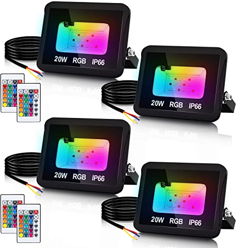 Jopassy RGB Strahler 20W Fluter Mit Fernbedienung LED Strahler Außenstrahler IP66 Wasserdicht,Memory funktion Außen Strahler Flutlicht für Innen,Garten, Hinterhof-4 Stück