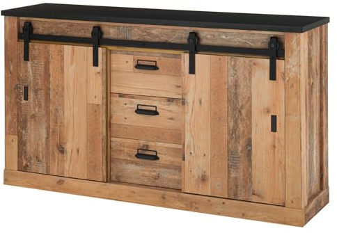 Furn.Design Sideboard in Used Wood hell Holz und schwarz/anthrazit Kommode Schlafzimmer Wohnzimmer Schrank Schubkastenkommode 162 x 91 cm Stove (Sideboard)