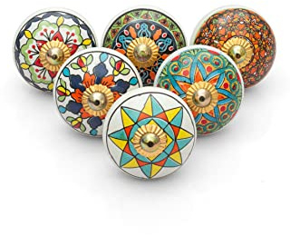 Rasiya Art Cabinet Knobs for Chest of Drawers - Hand Painted Ceramic Handles Boho Decorative Wardrobe Knobs - Multicolor Mandala - Pack of 6