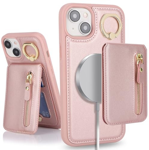SailorTech iPhone 14 Phone Case with Card Holder, iPhone 14 Case Magsafe Ring Stand with Kickstand Card Slots Wallet Detachable 2-in-1 Zipper Case - Pink