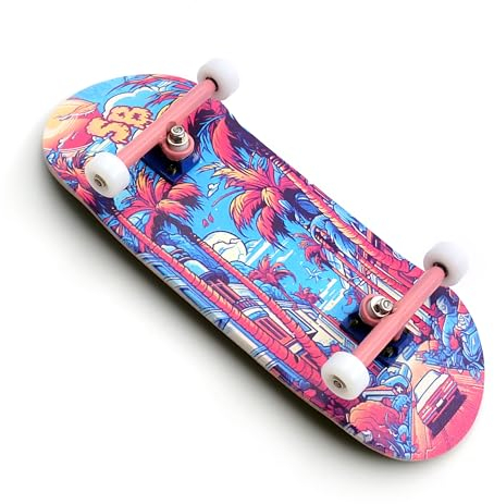 SPITBOARDS 36 x 96 mm Wood Fingerboard Complete Set-Up, Pre Assembled, 5-Layers Wood, Pro Trucks with Lock Nuts, CNC Bearing Wheels, Real Wear Graphics, Lasered Foam Grip Tape, Miami Street