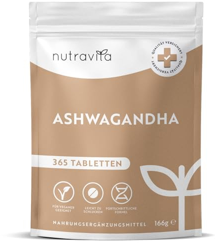Ashwagandha Kapseln - 365 vegane Tabletten für 1 Jahr Vorrat - 60mg pro Tablette - Nutravita