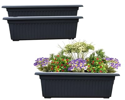 SIDSONS 70cm Long Garden Planter Raised Black Plant Pot,Windowsill Patio Large Plastic Trough for Plants, Herbs, Flowers, Small Bushes Window Box Rippled Effect, Optional Drainage Holes Set of 3