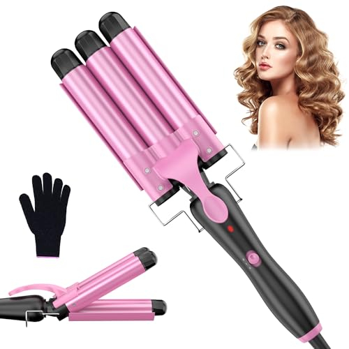 Rizador profesional con cono rizador, plancha de pelo ondulada de cerámica de 25 mm para rizos perfectos y cabello ondulado, estilo versátil y duradero, rosa