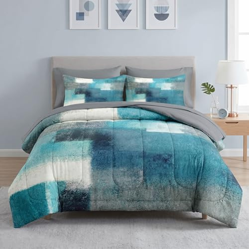 WeCozy 7-teiliges Queen-Size-Bettdecken-Set mit 2 Kissenbezügen und 2 Kissenbezügen, türkisgraues Gemälde, für Kinder und Erwachsene, blaugrün, modernes graues Bett in Einer Tasche mit flachem