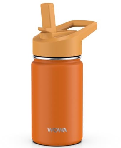 Kids Insulated Water Bottle with Straw and Spout Lid BPA-Free Leak-Proof Stainless Steel Thermo for School and Sports Keeps Drinks Cold 24 Hours 350ml (Orange)