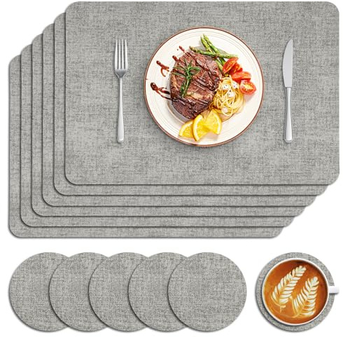 Sarsumir Placemats, Placemats and Coaster Sets 6 Place Mats and 6 Coasters PU Leather Dining Table Mats Washable Heat Resistant Non-Slip for Home Restaurant Dinner Party, Silver Gray