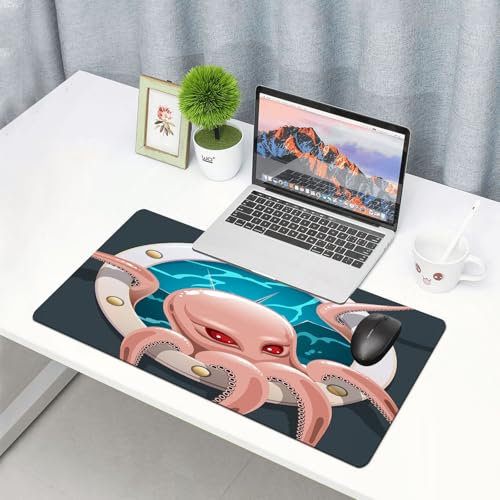 QRFASFZO Gaming Mouse Pad,Extra Large Mouse Mat 16x29.5 in,Octopus Decor,Kraken Octopus with Tentacles in Ship Porthole Cartoon Style,with Non-Slip Rubber Water-Resistant,for Home Office Gaming Room