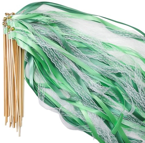 30 Stück Wedding Wands mit Glocke, Zauberstäbe Hochzeit Luftschlangen, Luftschlangen mit Holzstäbchen werden für Hochzeiten Geburtstage Partys Feiertagsfeiern verwendet (Grün 30 Stück)