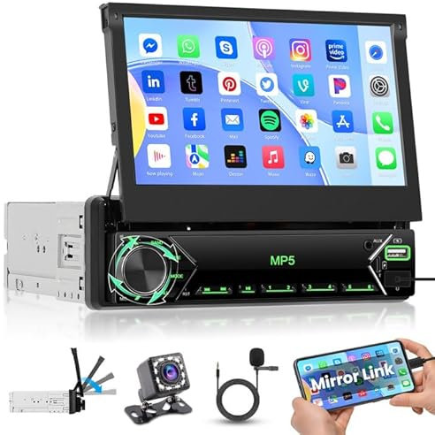 Hikity 1 DIN Radio Coche con Retráctil Manual 7 Pulgadas IPS Touchscreen Wired Mirror Link FM Radio con 2USB Type-C AUX IN Mic EQ SWC Bluetooth Autoradio Same Vedio Sharing