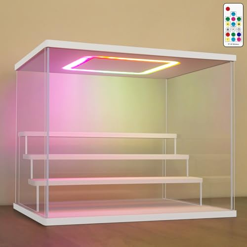Nonemey Acryl Vitrine Ständer mit Bunten Led Licht,3/4/5/6 Schichten Schaukasten Vitrine Staubdichte Organizer Acrylbox für Sammlerstücke Figuren (Weiß, 4Stufen-31.5x24.5x26.5 cm)