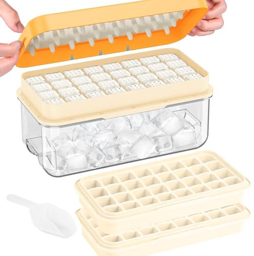 Bacs à glaçon avec couvercle,Moule à Glaçons de 64 Grilles- Sans BPA,bacs à glaçons carrés faciles à retirer en une Seconde(Jaune,2 niveaux)