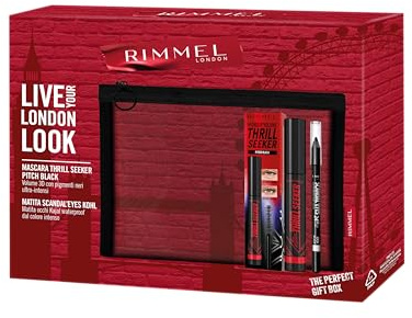 Rimmel London Cofanetto Regalo Live Your London Look, Pochette con Mascara Wonder'Volume Thrill Seeker Pitch Black e Matita Occhi Scandal'Eyes Kohl Black Waterproof