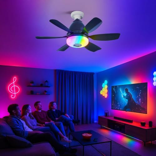 VIMAZ 32w Ceiling Fans with Lights and Remote, 2025 New RGB Colours Music Player E27 Socket Dimmable Ceiling Fan with 3 Speeds, 6 Blades and Remote Control Support for Home Living Room (Black)