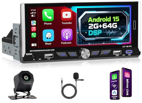Inefala 2G+64G Android 15 Autoradio 1 DIN mit kabellosem CarPlay Android Auto, 6.9 Zoll Bildschirm Autoradio Bluetooth mit Navi GPS WiFi FM/RDS 2USB Typ-C SWC Rückfahrkamera Mikrofon