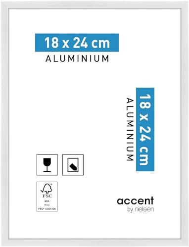 accent by nielsen Bilderrahmen, 18 x 24 cm, Aluminium, Weiß glanz, Fotorahmen zum Auftstellen und Aufhängen im Hoch- & Querformat, Echtglas, Accent