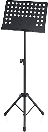 Pronomic OS-01P Orchesterpult Lochblech Ständer (Notenständer mit Notenklemmen, Abnehmbare Ablage, 2 Federklemmen, ausziehbar von 69 cm bis 115 cm) schwarz