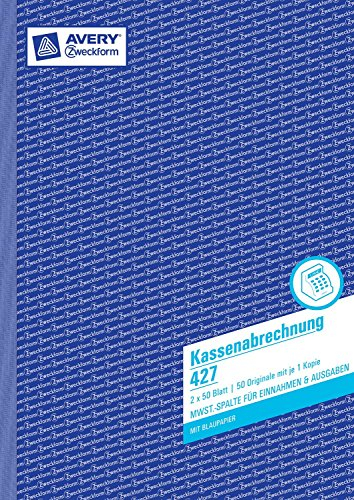 Avery Zweckform 427 Kassenabrechnung, DIN A4, mit MwSt.-Spalte für Einnahmen und Ausgaben, weiß, gelb (3er Pack)
