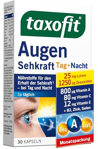 taxofit Augen Sehkraft | für normale Sehkraft | 30 Kapseln | Mit Vitamin A, B2 & Zink für die Sehkraft, C, E & Selen zum Zellschutz, mit Lutein & Zeaxanthin, glutenfrei & zuckerfrei