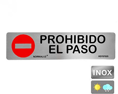 Normaluz RD707025 - Señal Adhesiva Rectangular Prohibido el Paso Acero Inoxidable Adhesivo 0.8 mm 5 x 20 cm, Gris
