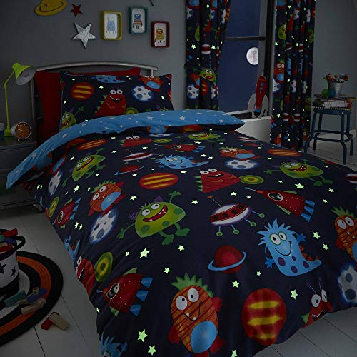 Happy Linen Company Kinder Bettwäsche-Set - Weltall-Motiv mit Monstern & Planeten - leuchtet im Dunkeln - wendbar - Blau - Einzelbett