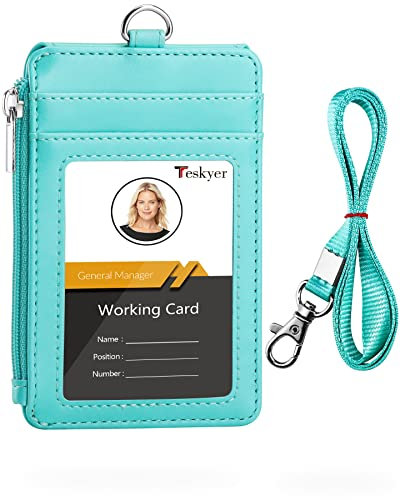 Teskyer Porta Badge, Porta Badge Da Collo in Pelle PU, con Cordino in Nylon con Gancio a J in Acciaio Inossidabile, con Tasca con Cerniera, 1 Cancella Finestra ID e 3 Slot Per Schede, Verde